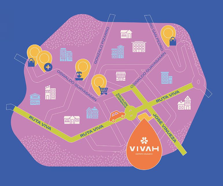 Mapa ilustrado de la ubicación de VIVAH en Tumbaco y distancias a puntos de interés